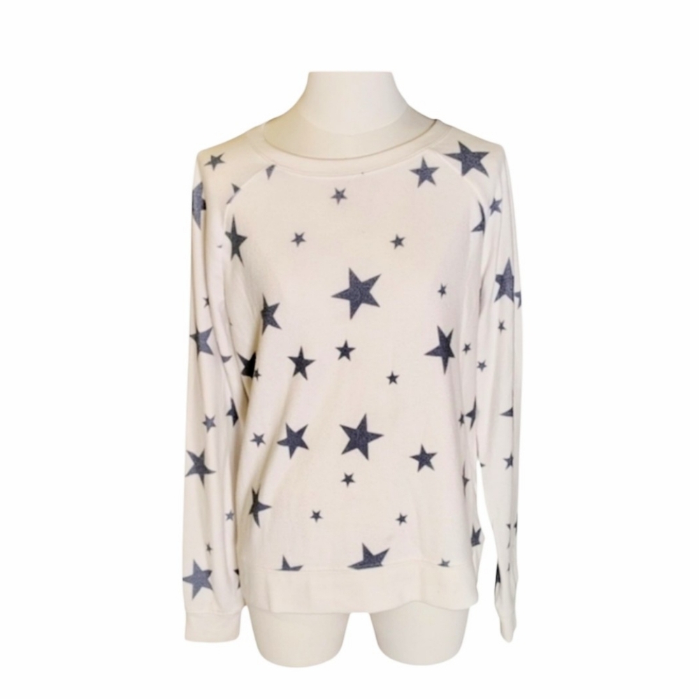 Grayson Threads White Scoop Neck Sweater With Navy Blue Stars Size Small
